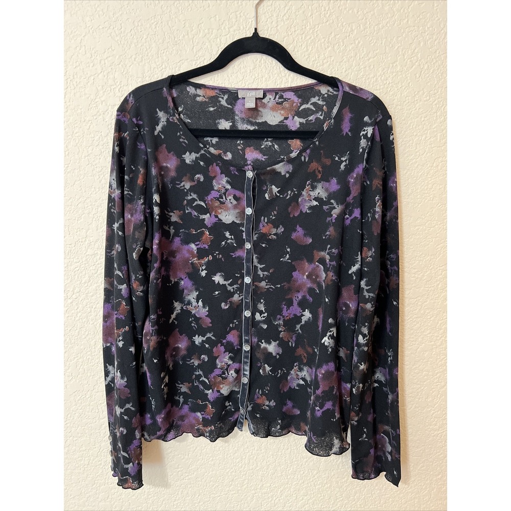 J JILL Black Floral Stretch Knit Cardigan Sweater Top Velvet Trim Buttons Sz L
